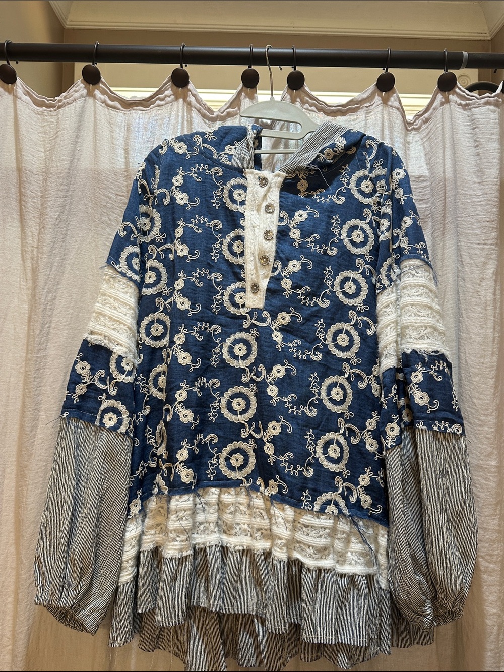 POL Blue Tunic Top with Cream Embroidered Detail